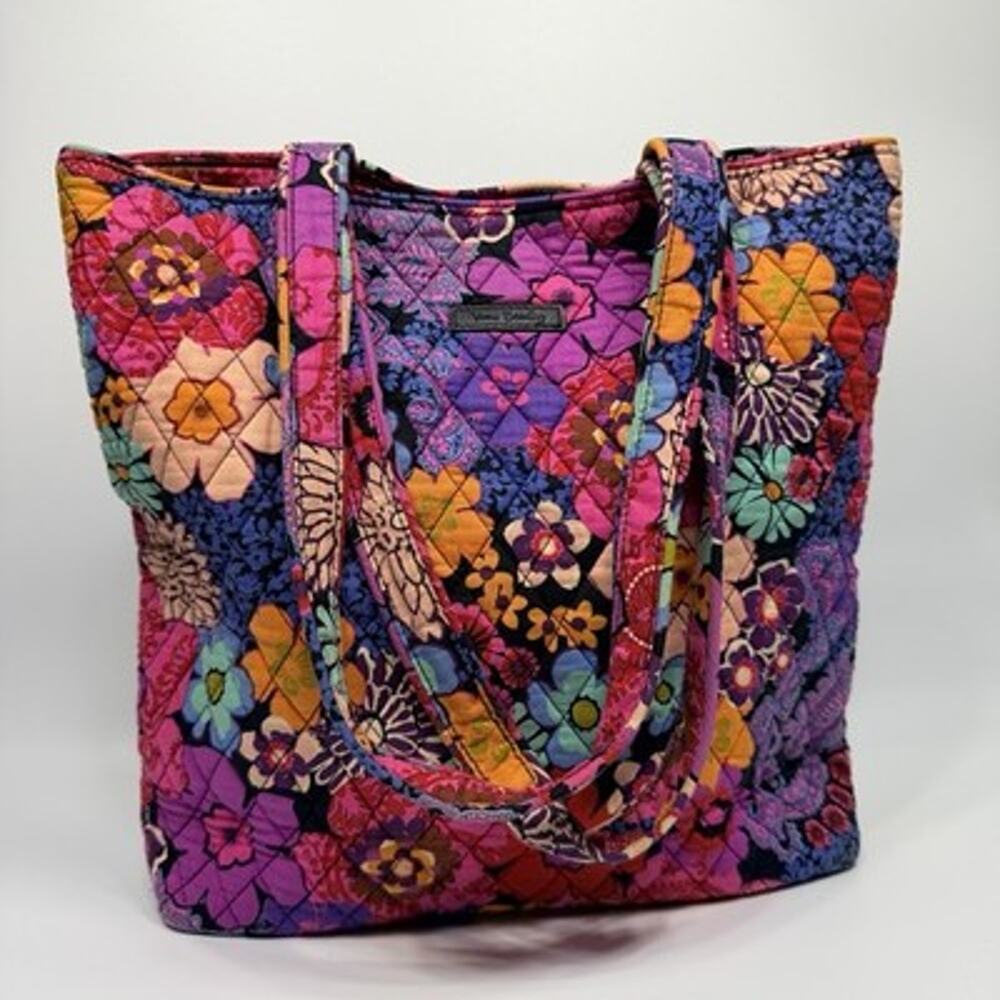 Vera Bradley Quilted Tote Retired Floral Fiesta Flower Power Black Pink 12"